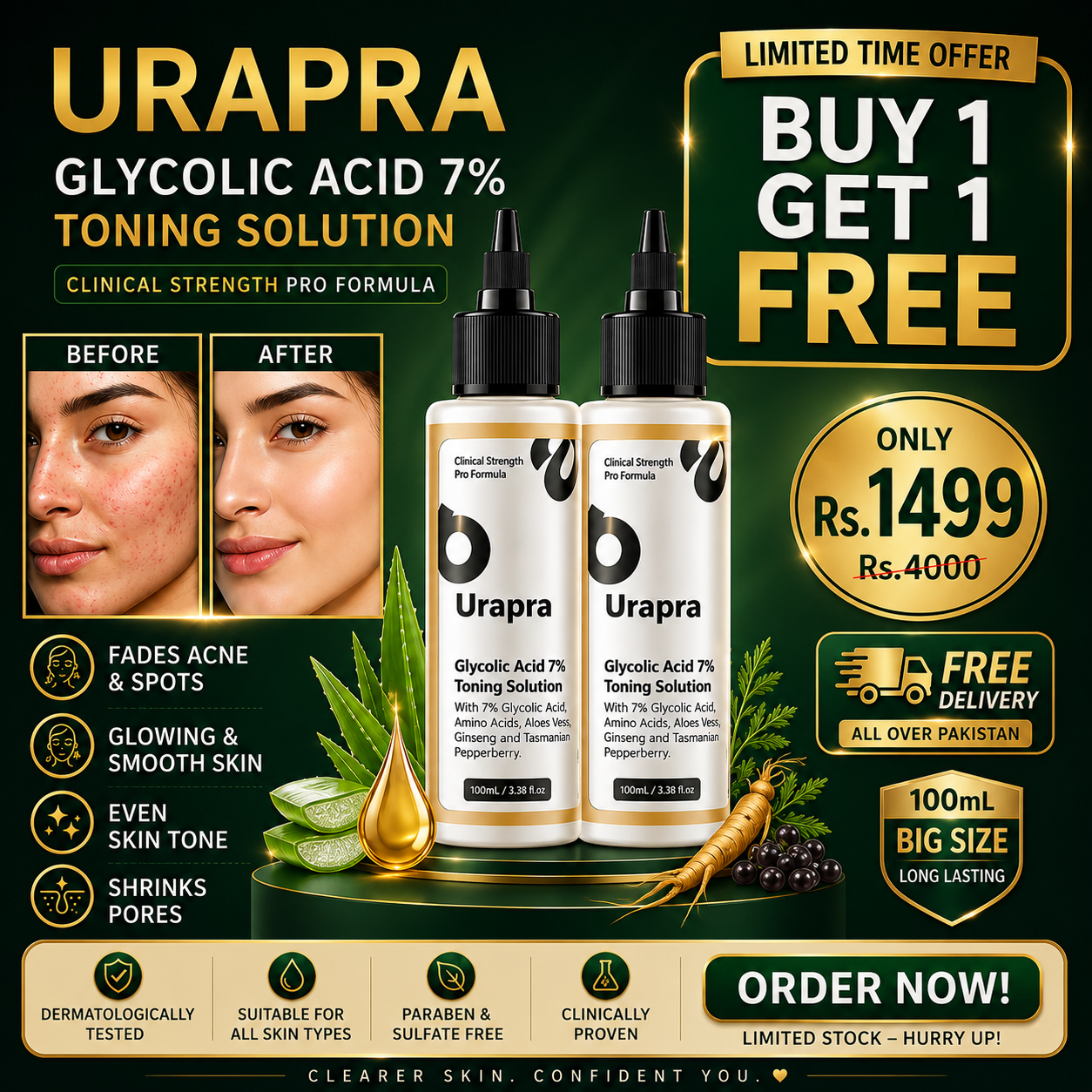 Urapra Glycolic Acid 7% Toning Solution     ( BUY 1 GET 1 FREE )