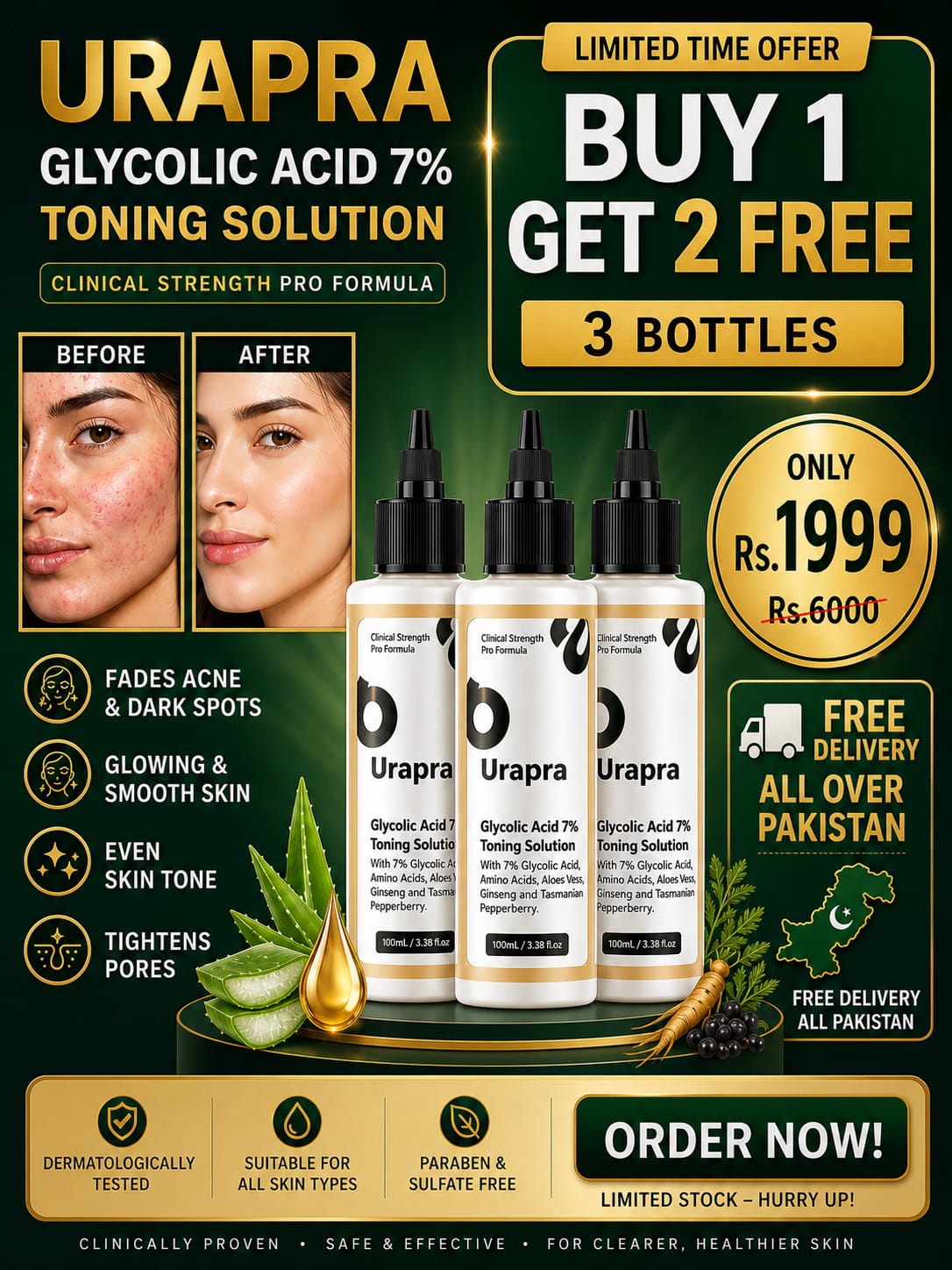 Urapra Glycolic Acid 7% Toning Solution     ( BUY ONE GET TWO FREE )